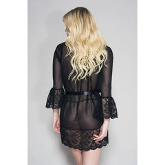 Music Legs Mesh and Lace Three Quarters Sleeve Robe with Satin Belt