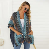 Belle de Jour Blue Patchwork Pocket Knit Open Poncho Cardigan