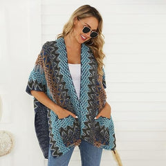 Belle de Jour Blue Patchwork Pocket Knit Open Poncho Cardigan