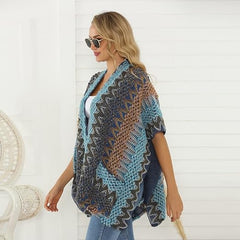 Belle de Jour Blue Patchwork Pocket Knit Open Poncho Cardigan