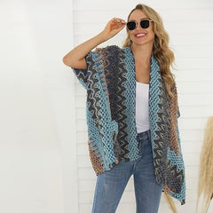 Belle de Jour Blue Patchwork Pocket Knit Open Poncho Cardigan