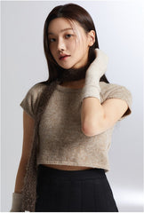 House of Three Gray Short Sleeve Fuzzy Crop Sweater