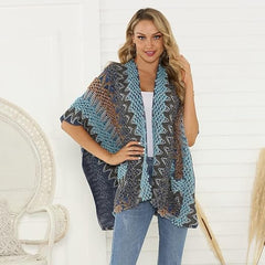 Belle de Jour Blue Patchwork Pocket Knit Open Poncho Cardigan