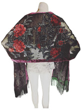 INC Black Red Grey Etched Velvet Scarf – Rhinestone Embellished Fringe Wrap, Luxe Rayon Blend (34"x16")