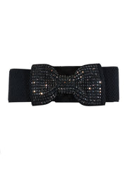 Diva General Black Rhinestone Bow Belt 2.375"x29" Stretchy Pleather & Webbing Waist Belt with Snap Closure