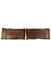 Diva General Brown Zigzag Belt 3"x28.5" Stretchy Pleather & Webbing Waist Belt with Hook & Eye Closure