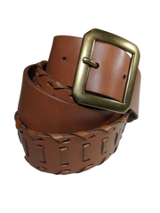 Lauren Ralph Lauren Golden Brown Leather Ladder Braid Belt 1.375"x42" Genuine Leather Belt with Classic Buckle