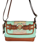 BOC Mint and Walnut Faux-Leather Messenger Bag with Multicolor Woven Straw Detail