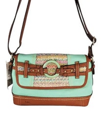 BOC Mint and Walnut Faux-Leather Messenger Bag with Multicolor Woven Straw Detail