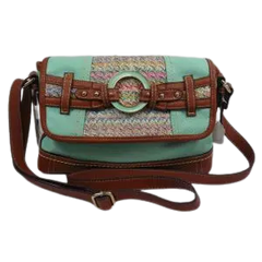 BOC Mint and Walnut Faux-Leather Messenger Bag with Multicolor Woven Straw Detail