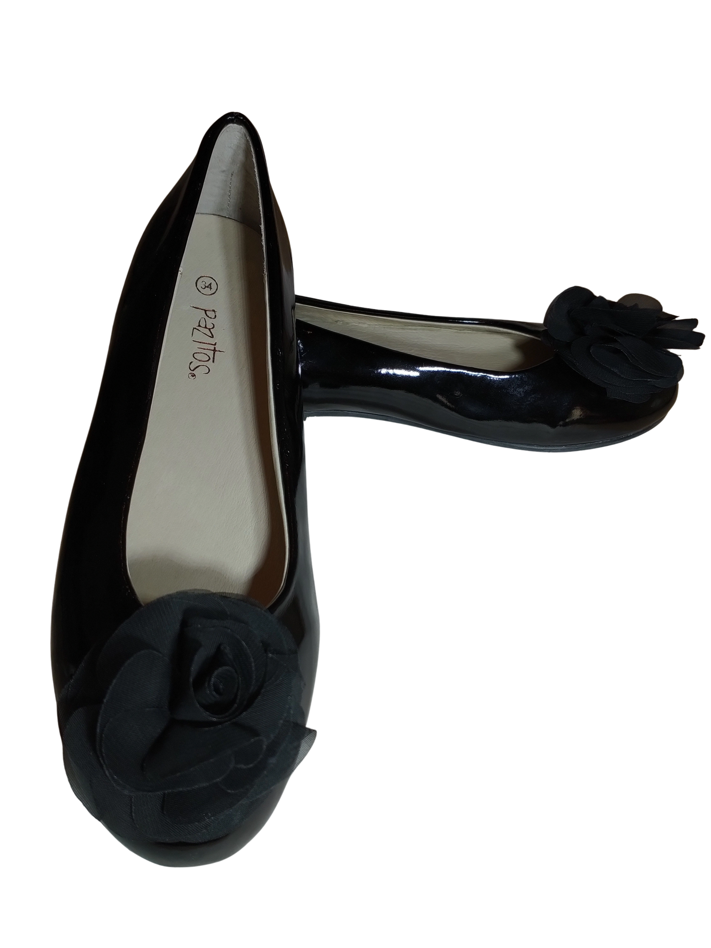 Pazitos Black Shiny Flats with Flower – Elegant Kids Shoes | Size 34