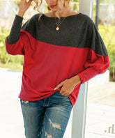 Baisico Red & Gray Color Block Balloon Sleeve Boatneck Top
