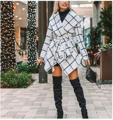 Camisa White Windowpane Wide-Lapel Tie-Waist Side Tail Coat