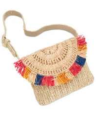 INC International Concepts Beige Straw Panel with Fring Exterior Handbags for Women