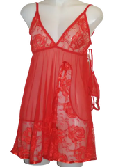 Baby Doll Bow & Lace Detail Top and Panty Thong Set Red
