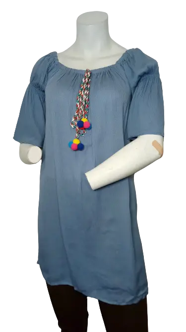 Love Chesley Girls’ Blue Short Sleeve Dress with Pompoms, Size Large