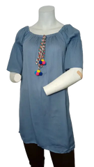 Love Chesley Girls’ Blue Short Sleeve Dress with Pompoms, Size Large