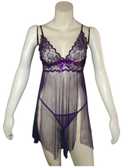Lacy Baby Doll Lingerie Top and Thong Set Purple