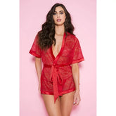 Music Legs Lace Short Sleeve Kimono Robe with Waist Belt Red (Thong Not Included)