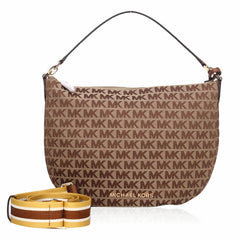 MICHAEL KORS Bedford Signature Medium Crescent Shoulder Bag in Beige & Ebony with Gold Tone Hardware