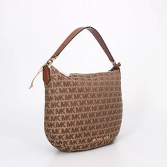 MICHAEL KORS Bedford Signature Medium Crescent Shoulder Bag in Beige & Ebony with Gold Tone Hardware