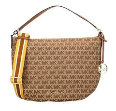 MICHAEL KORS Bedford Signature Medium Crescent Shoulder Bag in Beige & Ebony with Gold Tone Hardware