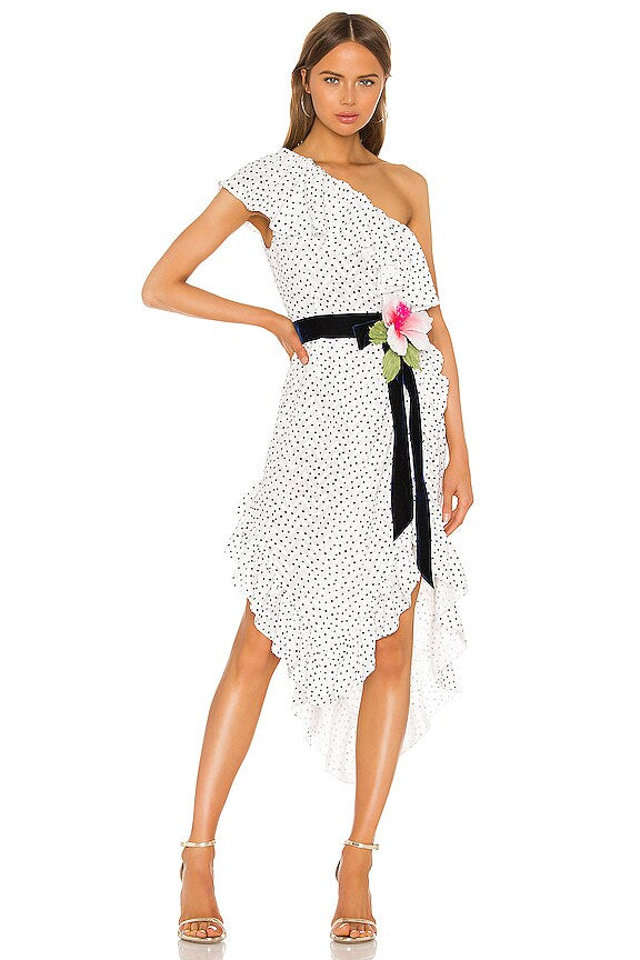 Marianna Senchina One Shoulder Dress in White with Black Polka Dots