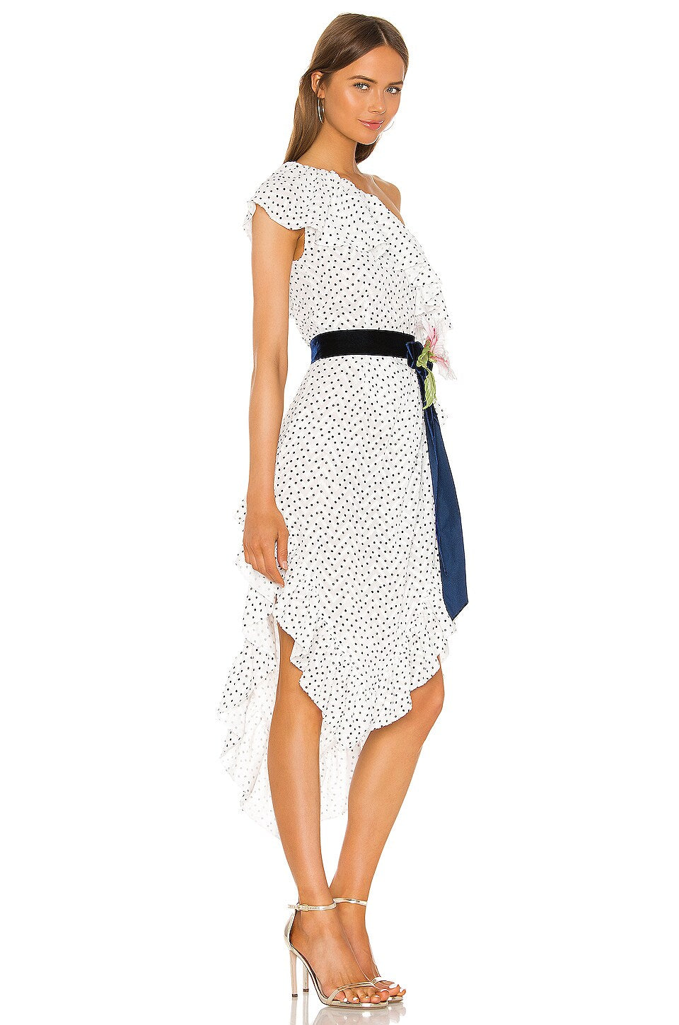 Marianna Senchina One Shoulder Dress in White with Black Polka Dots