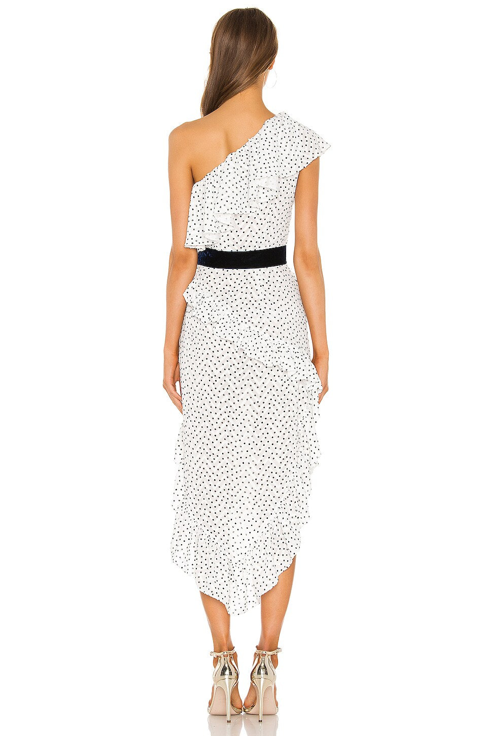 Marianna Senchina One Shoulder Dress in White with Black Polka Dots