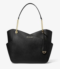 Michael Kors Jet Set Travel Large Cross Chain Saffiano Leather Shoulder Tote in Black with Gold-Tone Hardware