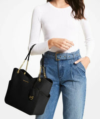 Michael Kors Jet Set Travel Large Cross Chain Saffiano Leather Shoulder Tote in Black with Gold-Tone Hardware