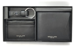 Michael Kors Mens 3 Pc Leather Bifold Card Case Fob Set in Black