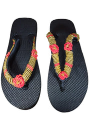 Beaded Unisex Flip Flop Gold Coral Size 12.5 (measure 11")