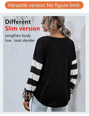 Knoeasy Black Leopard & Stripe Waffle-Knit V-Neck Sweatshirt