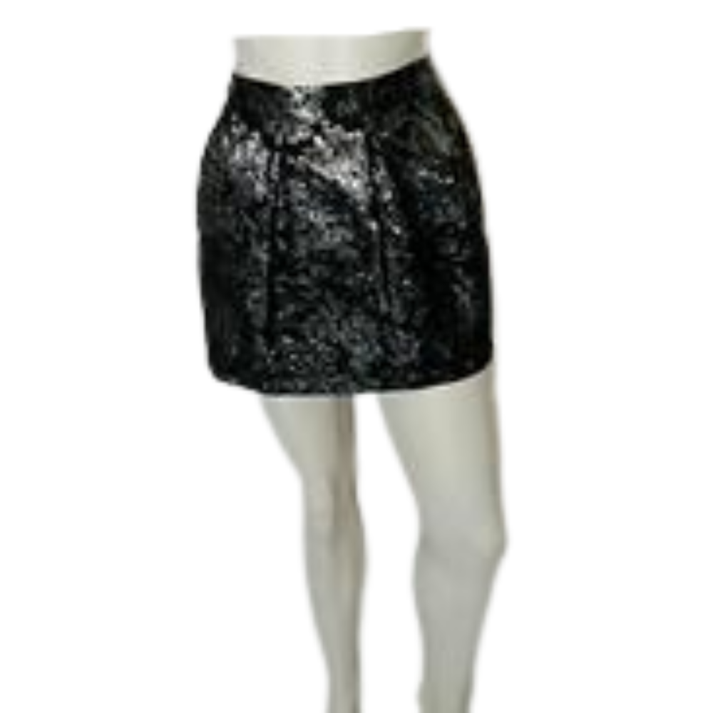 3 Ena Black/Pewter Floral Print Metallic Pleated Miniskirt