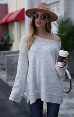 Jiana Light Gray Oversize Off-Shoulder Sweater