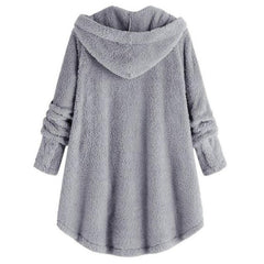 Baisico Light Gray Side-Pocket Plush Hooded Button-Up Coat
