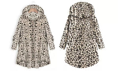 Baisico Apricot Leopard Side-Pocket Plush Hooded Button-Up Coat