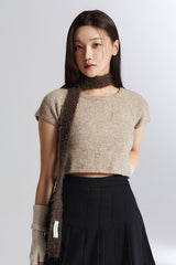House of Three Gray Short Sleeve Fuzzy Crop Sweater