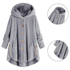 Baisico Light Gray Side-Pocket Plush Hooded Button-Up Coat