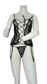 Nylon Lace-Up Top and Thong Set Black