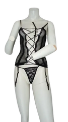 Nylon Lace-Up Top and Thong Set Black