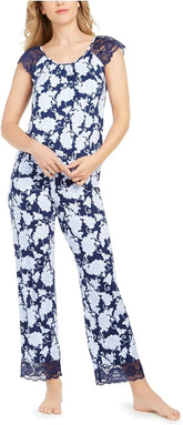 Charter Club Blue & White Lace-Trim Floral-Print Pajama Chainstitch