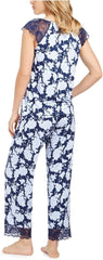 Charter Club Blue & White Lace-Trim Floral-Print Pajama Chainstitch