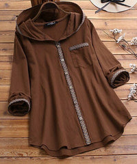 E-Rétro Brown Pocket Button-Up Hooded Swing Jacket