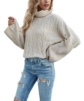 Lisa and Rose Off-White Cable-Knit Bell-Sleeve Turtleneck Sweater