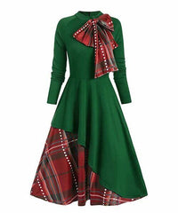 Plaid Contrast Bow-Detail Fit & Flare Dress size L