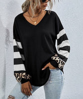 Knoeasy Black Leopard & Stripe Waffle-Knit V-Neck Sweatshirt