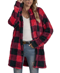La Mode Red Wine Buffalo Check Plush Button-Up Jacket