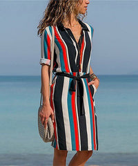 Stripe Pocket Belted Shirt Dress L